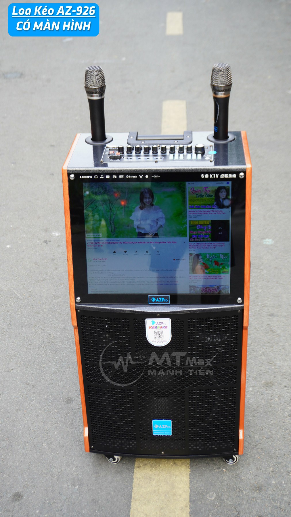 Loa kéo thông minh AZPro AZ-926 - Loa kéo di động 3 tấc, 3 đường tiếng, màn hình cảm ứng 17 inch - Sử dụng Android - Kết nối Wifi, Bluetooth, HDMI, USB, AUX, TF card - Chức năng livestream, hiệu ứng khán giả - Kèm 2 micro không dây UHF - Hàng chính hãng