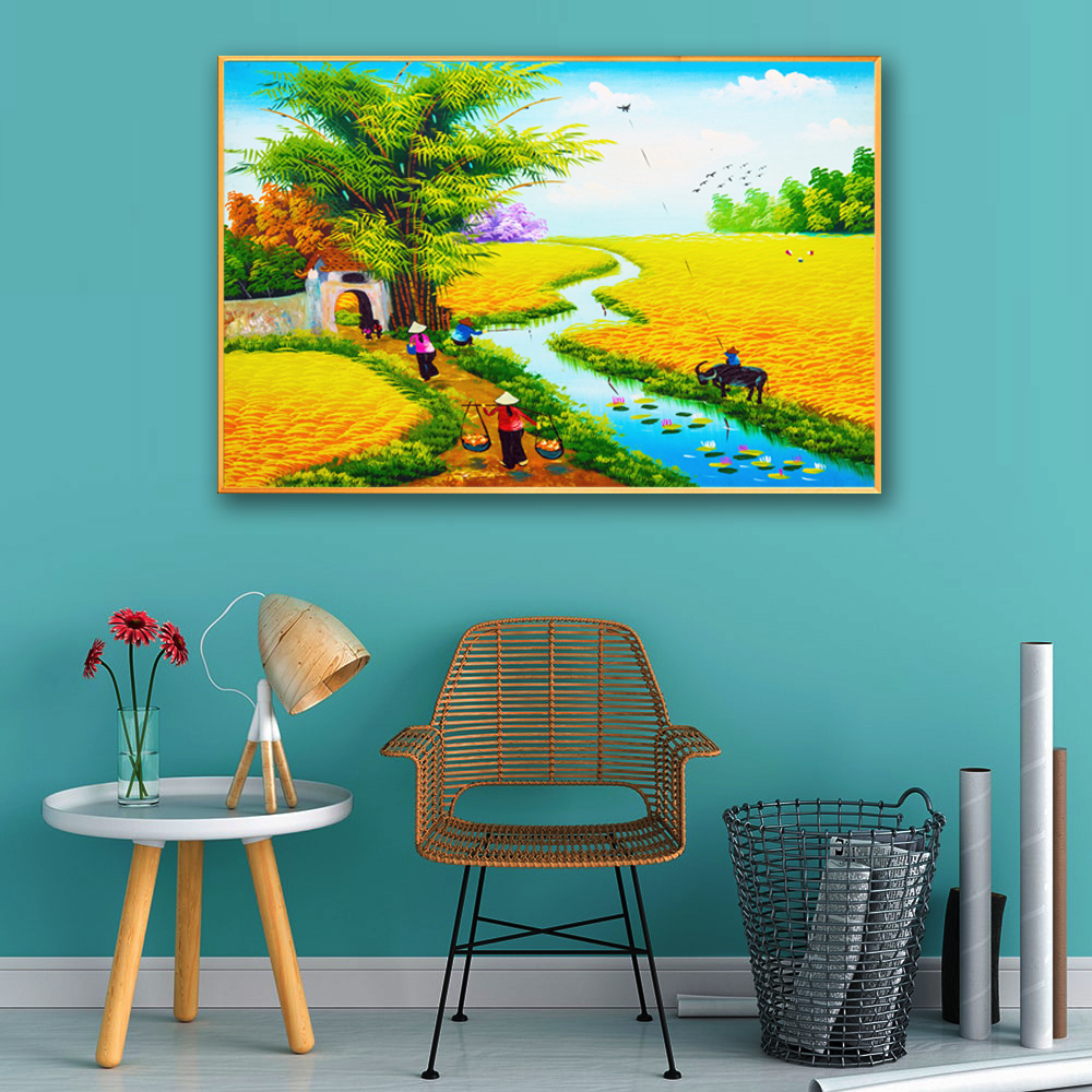 Tranh treo tường – Phong cảnh làng quê Việt Nam  CA127- Vải canvas kim tuyến  cán PiMa - công nghệ in UV - Khung viền composite - bền màu 10 năm.