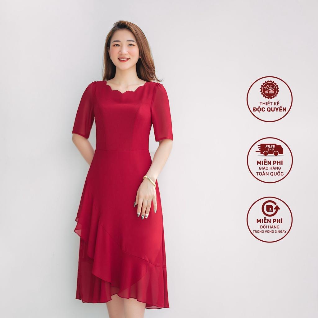 Đầm xòe dự tiệc thiết kế sang trọng cổ sóng nước chân váy bèo Đỏ đô - TTV961