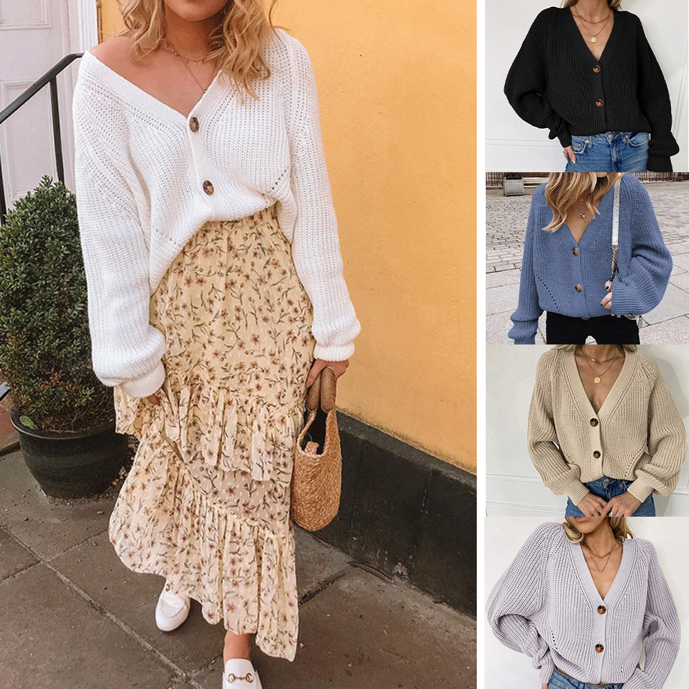 New Women Autumn Winter Oversize Knitted Sweater Solid Casual Cardigan Deep V-Neck Drop Long Sleeves Knitwear Outwear