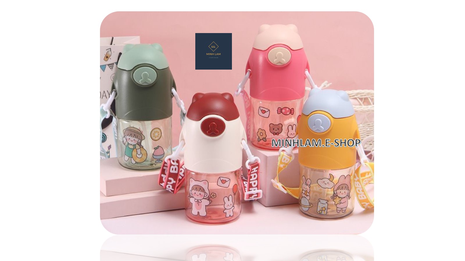 Bình Nước Gấu Ngộ Nghĩnh cho bé_Có Quai Đeo_650ML_Kèm Sticker dán