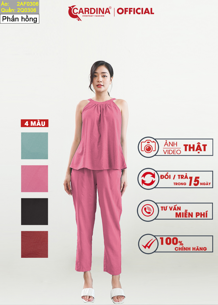 Đồ Bộ Nữ CARDINA Chất Đũi BamBoo Xước Cao Cấp Set Rời Quần Baggy Basic Áo Cổ Yếm Quyến Rũ 2AF03-2Q03 – 2Q0306- Quần Phấn Hồng – M  47-54kg.