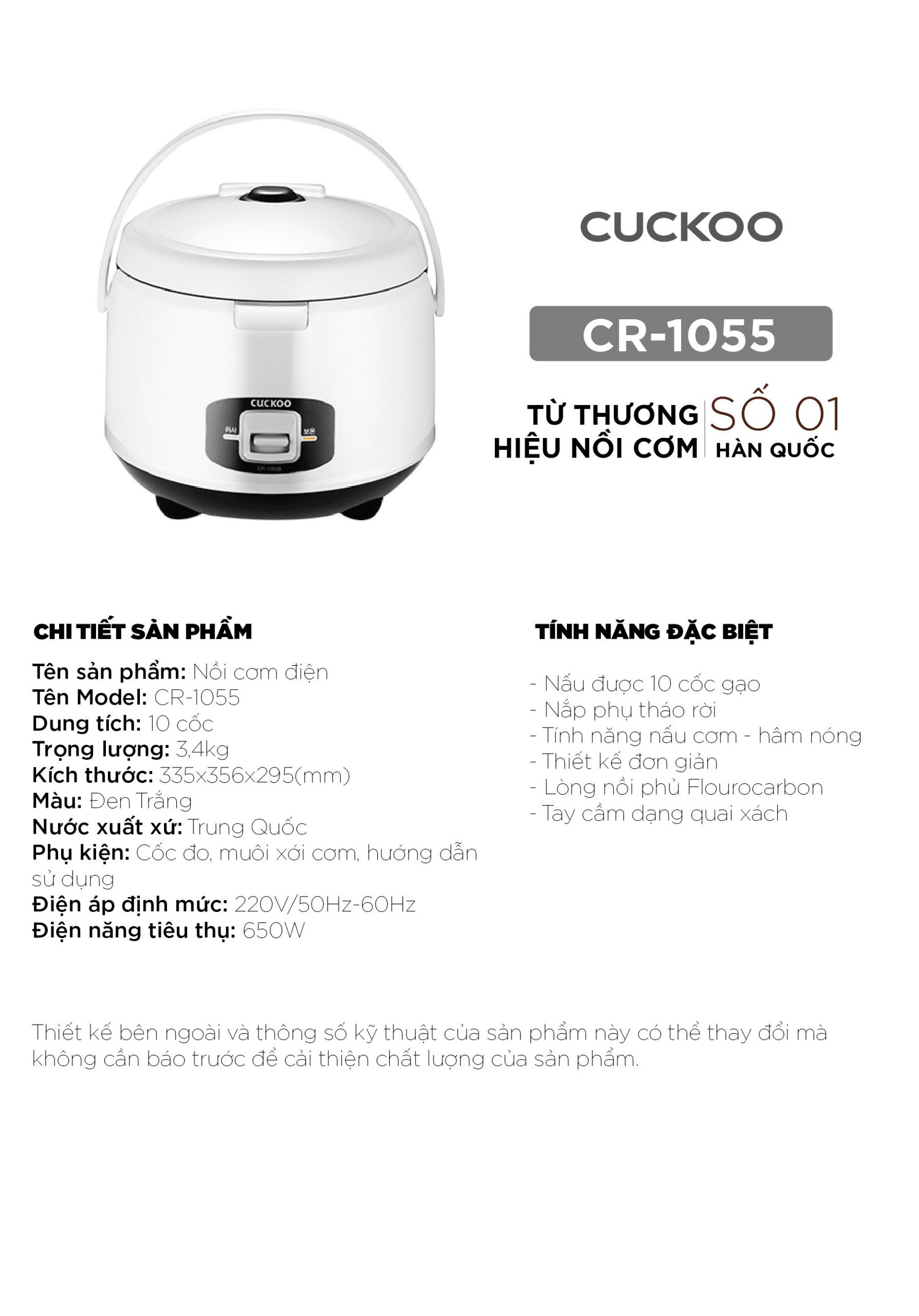 Nồi cơm điện tử Cuckoo CR-1055 1,8 lít màu trắng đen phiên bản tiếng Anh - Hàng Chính hãng Cuckoovina