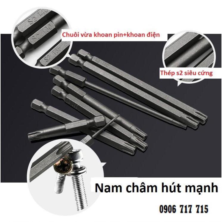 Bộ lục giác hoa thị có lỗ cho khoan dài từ 50-75-100-150mm cho khoan pin và khoan điện chất liệu thép S2 siêu cứng