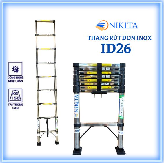 Thang inox rút đơn Nikita, sản phẩm mới 2013, chân chống trượt an toàn, rút gọn dễ  di chuyển