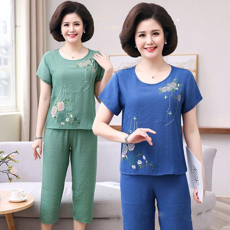 Đồ bộ trung niên cho mẹ, bộ đũi hoa hồng kiểu dáng sang trọng