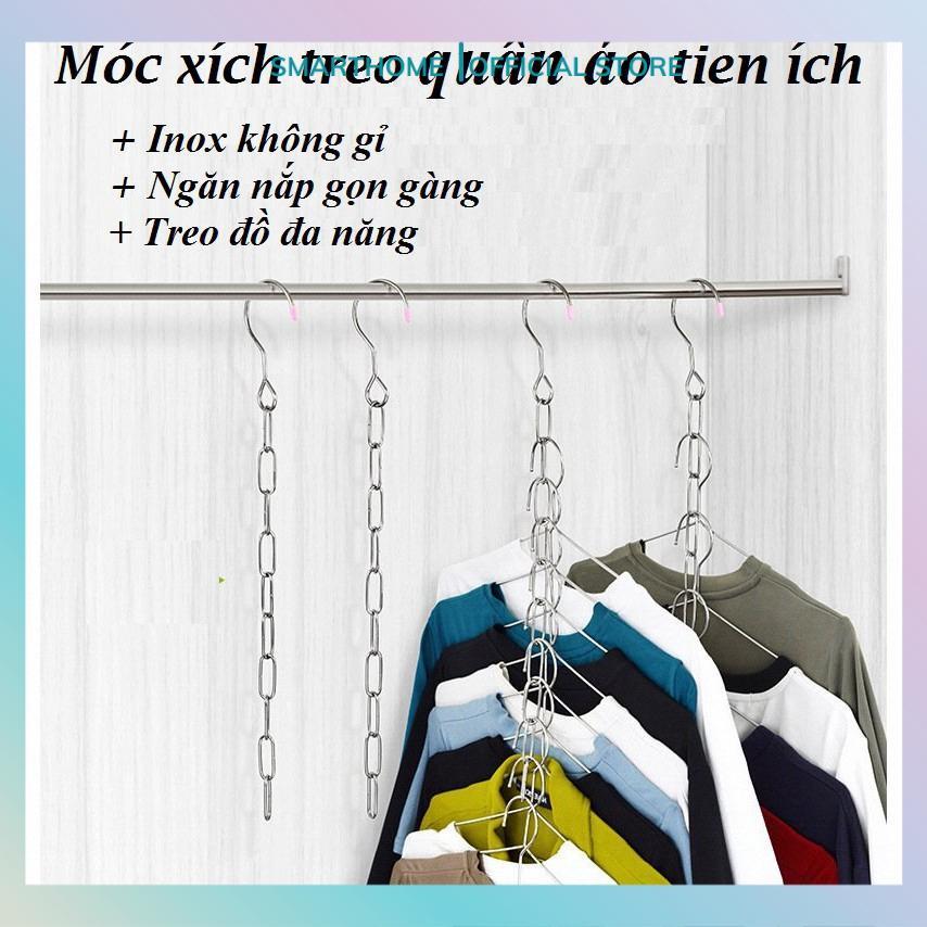 Móc Treo Quần Áo Thông Minh, Dây Xích Inox 10 Lỗ Treo Móc Quần Áo Tiết Kiệm Diện Tích