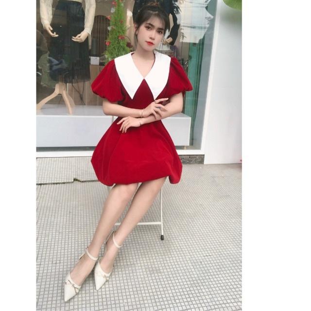 Đầm nhung đỏ cổ trắng tay phồng