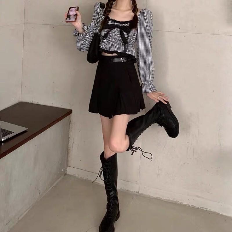 Áo sơmi caro trễ vai thắt nơ Ulzzang