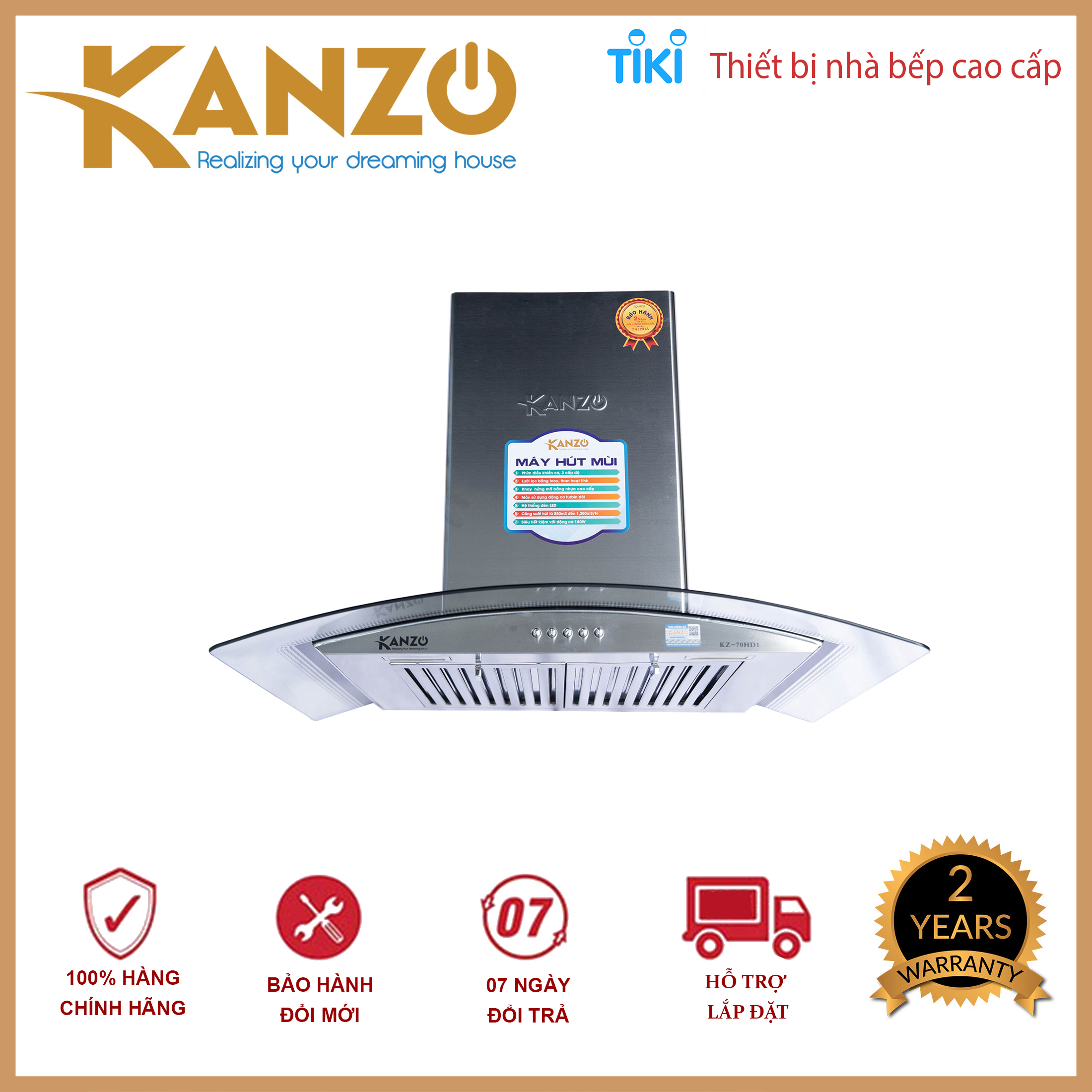 Máy hút mùi kính cong Kanzo 700mm KZ-WH-70HD Bảo hành 24 tháng - Hàng chính hãng