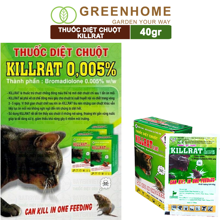 Thuốc diệt chuột Killrat, bao 40gr, thế hệ mới, hiệu quả, diệt cả đàn |Greenhome