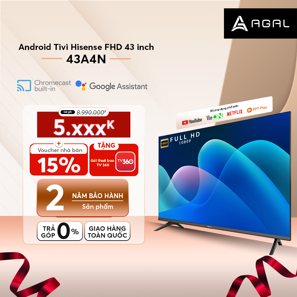 Android Tivi LED Hisense 43 inch A4N Trợ Lý Ảo Google Voice Control, Bảo Hành 2 Năm - Hàng Chính Hãng