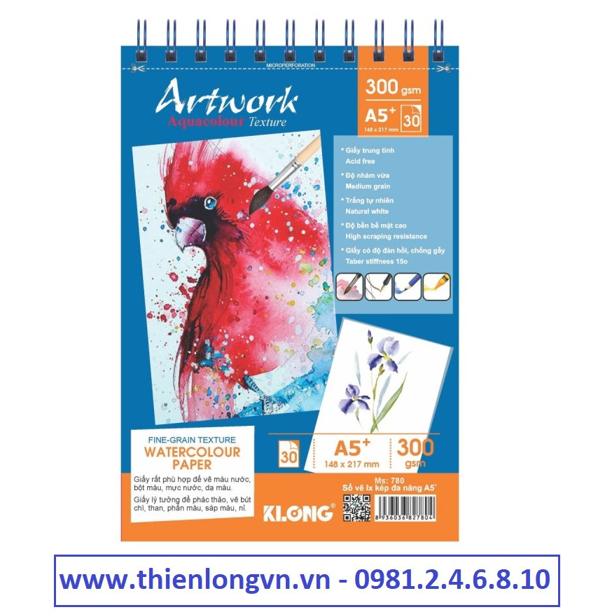 Sổ vẽ lò xo màu nước Artwork A5 - 300GSM - 30 tờ; Klong 780 bìa cam