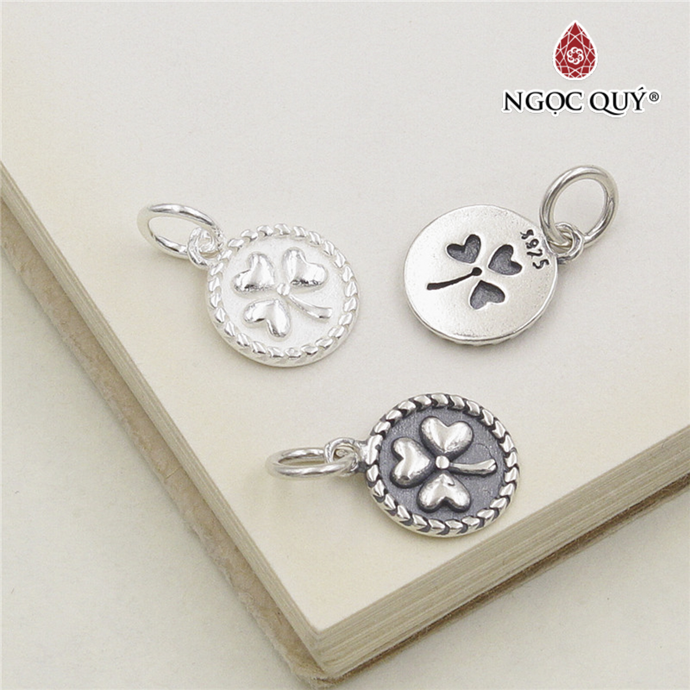 Charm bạc tròn khắc cỏ 3 lá treo - Ngọc Quý Gemstones