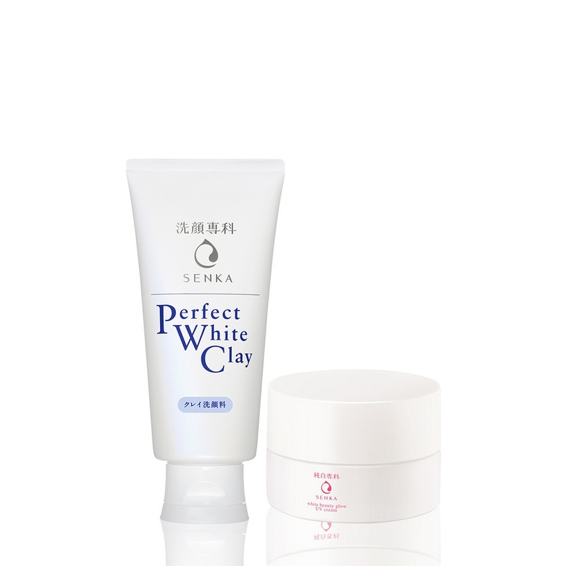 Bộ kem dưỡng trắng da ban ngày Senka (Glow UV Cream 50gr+ Perfect White Clay 120g)