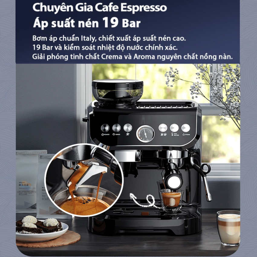 Máy pha cà phê Espresso chuyên nghiệp 4 trong 1. Thương hiệu cao cấp Tanser EM3108Plus - Hàng chính hãng