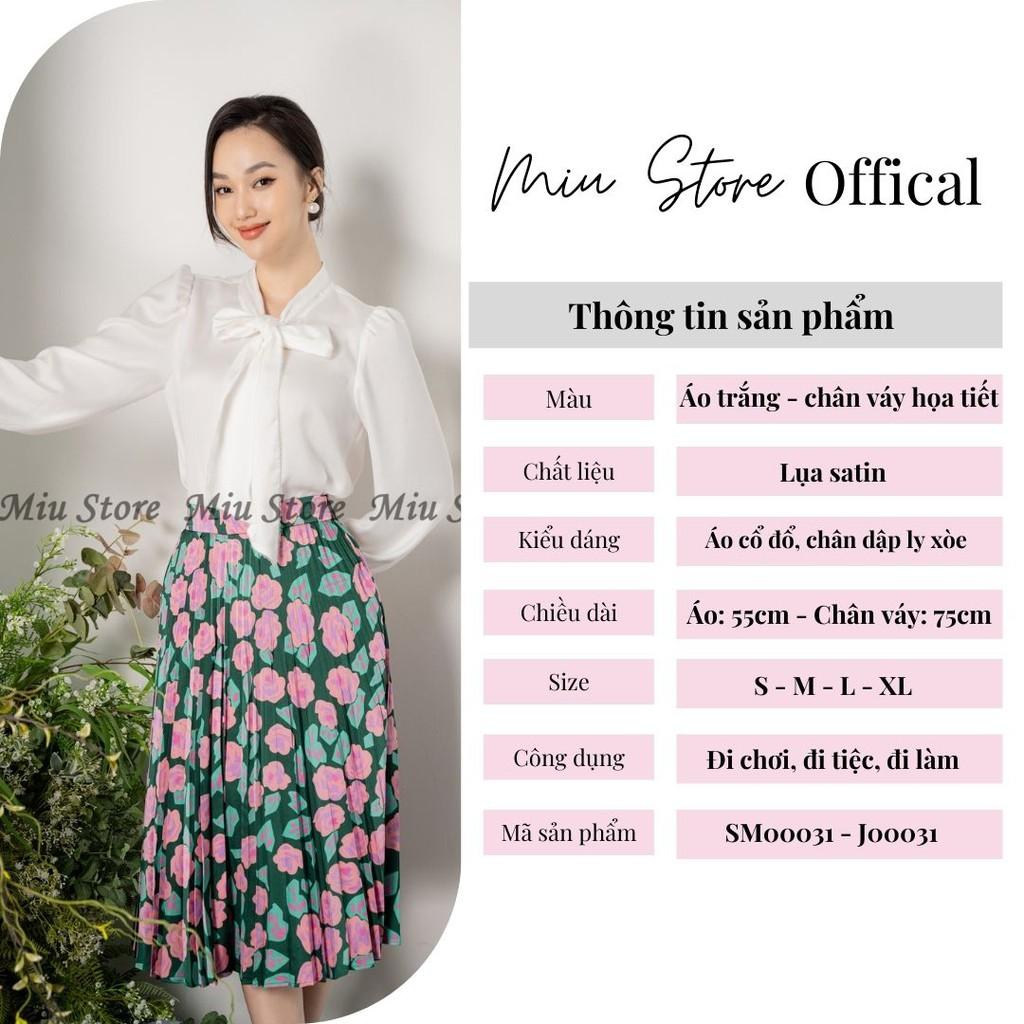 Set áo sơ mi lụa trắng dài tay kèm chân váy dập ly hoa