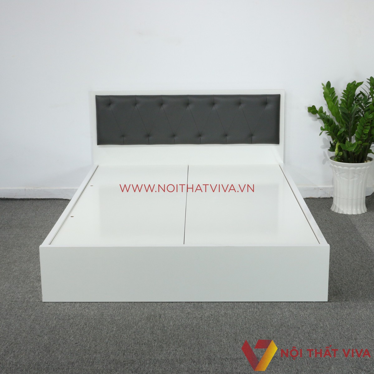 Giường Ngủ MDF Melamine Màu Trắng Có Đầu Nệm Đen Đẹp Giá Rẻ