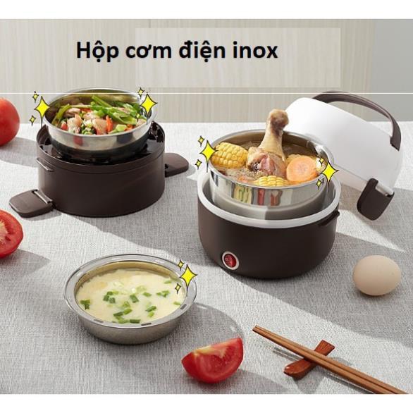 Tặng Kèm Bộ Thìa + TúiHộp Ủ Cơm, Cặp Lồng Hâm Nóng Thức Ăn Cắm Điện 3 Tầng Inox Lunchbox