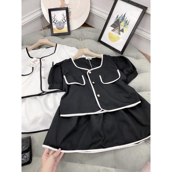 Set áo croptop tay phồng mix váy ngắn