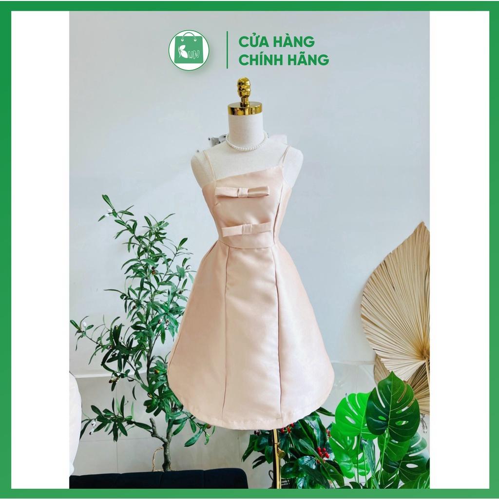 Váy đầm hồng dây ,cổ chéo, đính nơ trẻ trung
