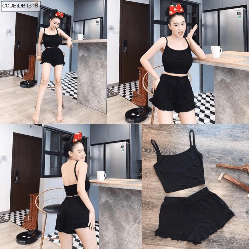 Đồ bộ nữ, đồ ngủ 2 dây sexy đùi thun co giãn quần bèo dễ thương