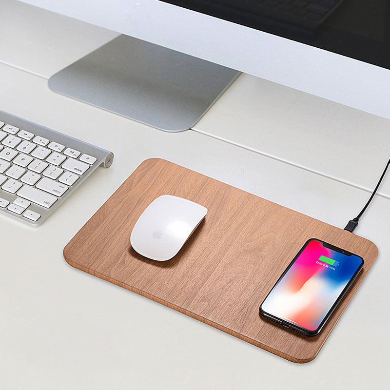 Lót chuột gỗ kèm sạc điện thoại thông minh, miếng lót chuột bàn laptop  di động cao cấp sang trọng