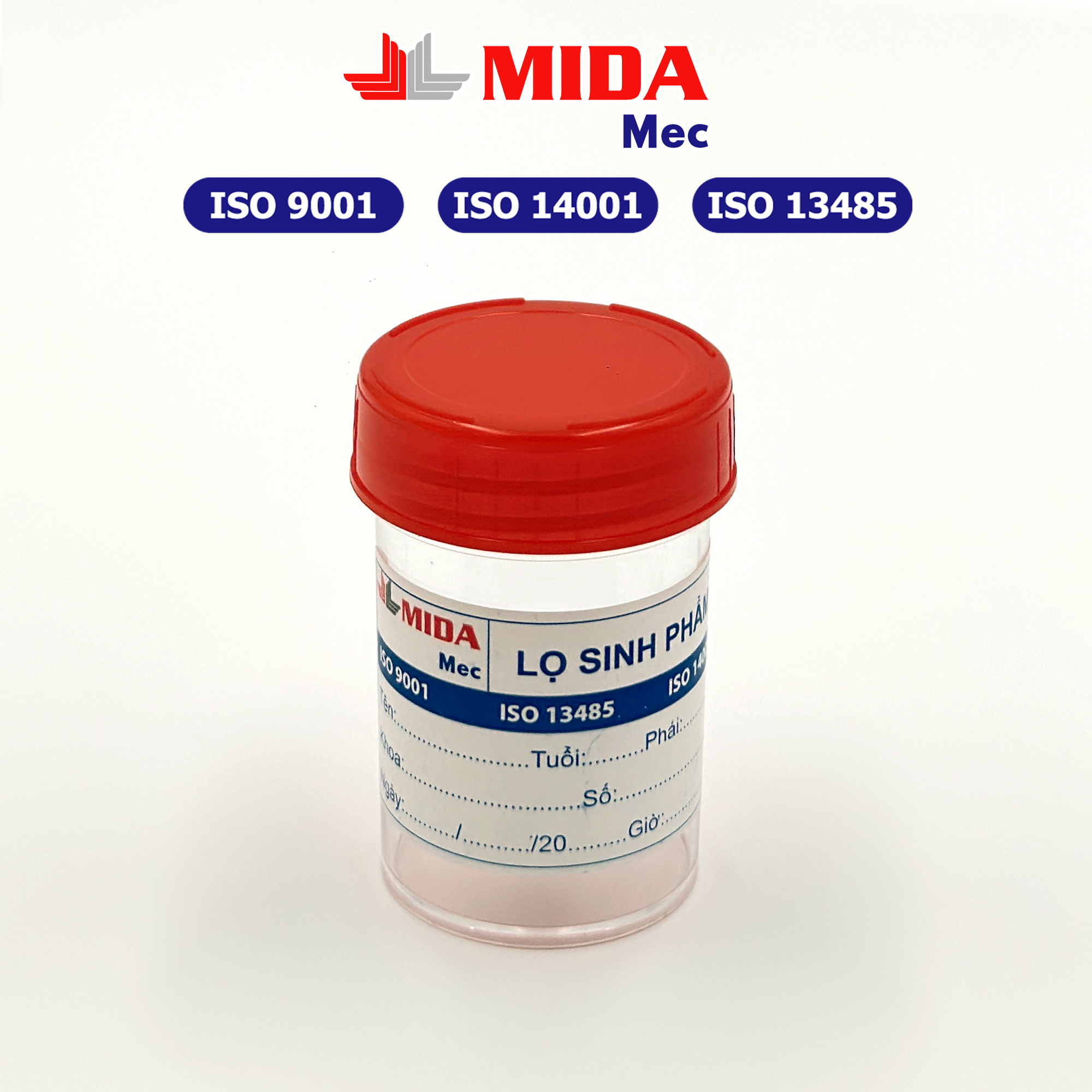 Lọ sinh phẩm MidaMec không gá 40ml PP đóng gói 100 lọ/bao - Nắp Đỏ