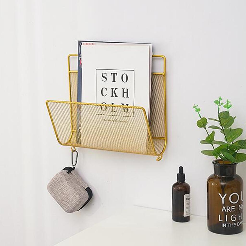 3X Wall Mount Metal Storage Basket Magazine Book Rack Shelf Holder Golden
