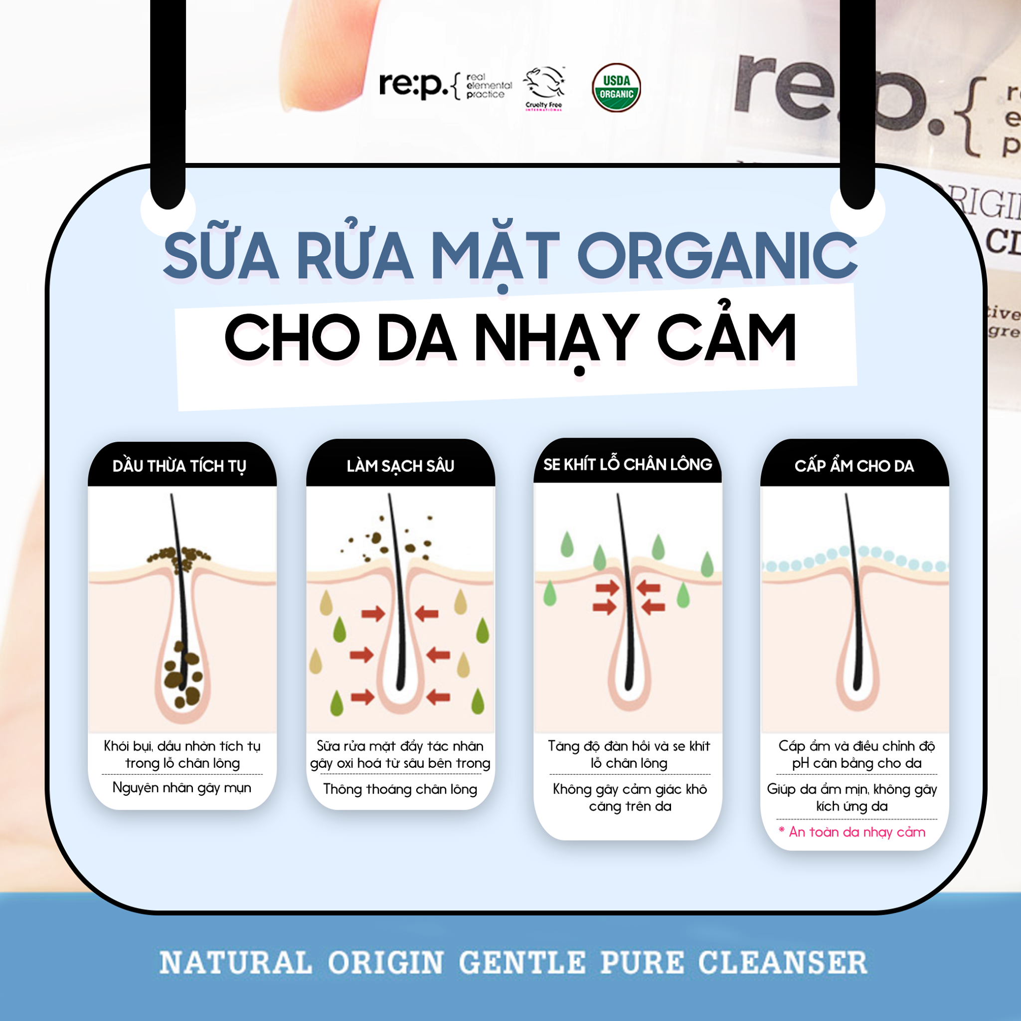 Sữa Rửa Mặt RE:P NATURAL ORIGIN GENTLE PURE CLEANSER 150ML Thảo Mộc Organic Tự Nhiên Cấp Ẩm Sạch Sâu