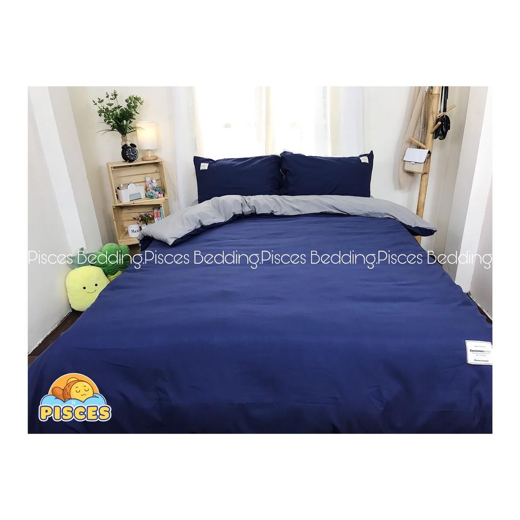 Bộ Chăn Ga Gối Cotton Đũi Xanh Than Phối Ghi