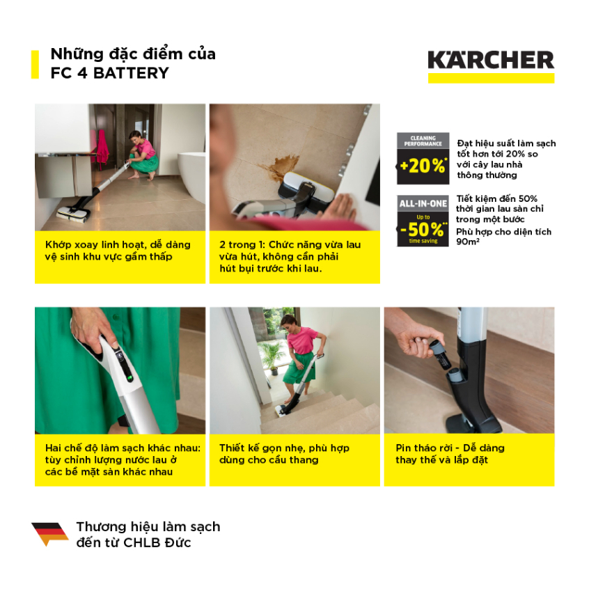 (Sản xuất Châu Âu) Máy lau sàn đa năng Karcher FC 4 Battery - Lau sàn 2 trong 1 nhanh chóng, phù hợp diện tích 90m2 - Hàng Chính Hãng
