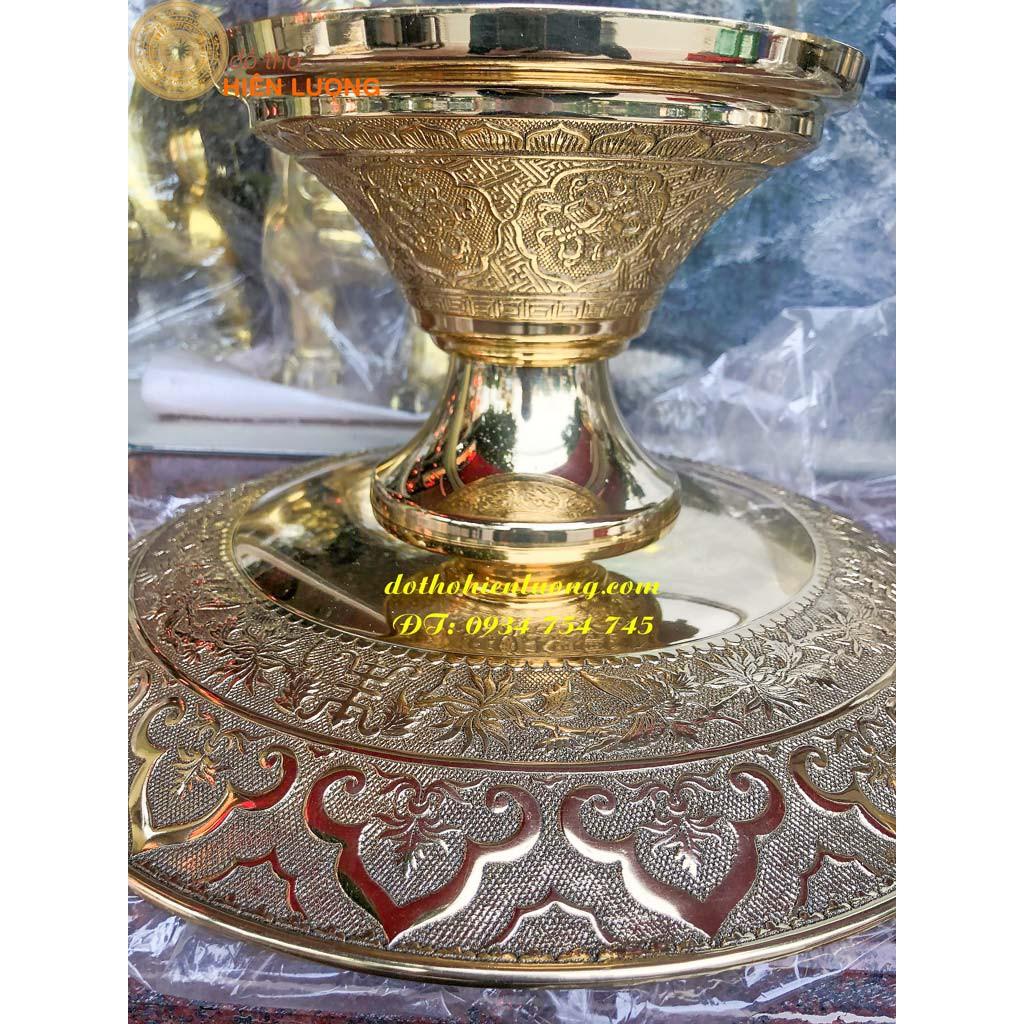 Đĩa Đồng Đựng Hoa Quả Chữ Phúc Hoa Văn 8 Dơi Đế Cao Màu Vàng Đường Kính 38cm