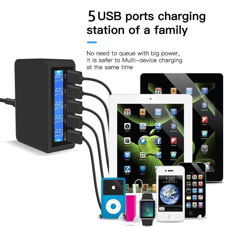Đế Sạc Nhanh Để Bàn 40W 5 Cổng USB 3.0 Có Đèn LED Cho iPhone X 8 7 6 iPad