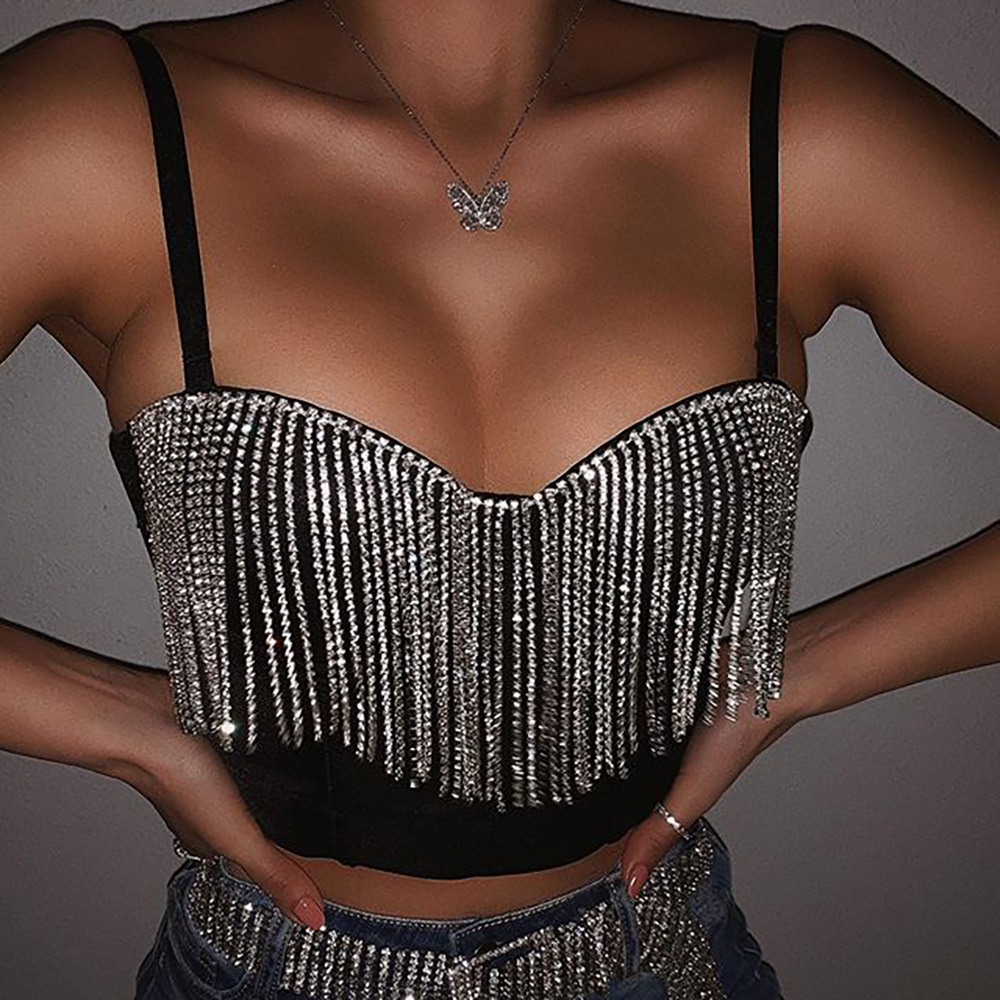 Áo crop-top hai dây Đen đính đá lấp lánh gợi cảm nổi bật phong cách Hàn Quốc cho Nữ