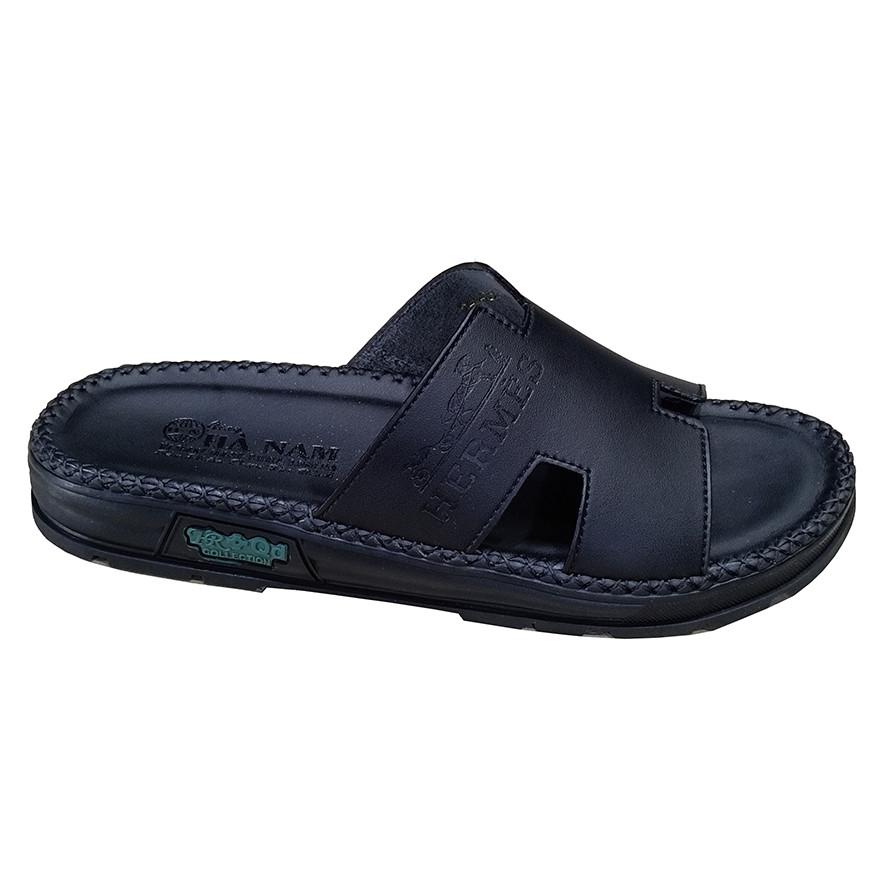 Dép Nam Da Bò HA NAM Đế Siêu Nhẹ Khâu Chỉ Toàn Bộ DNA22041 - Màu Đen