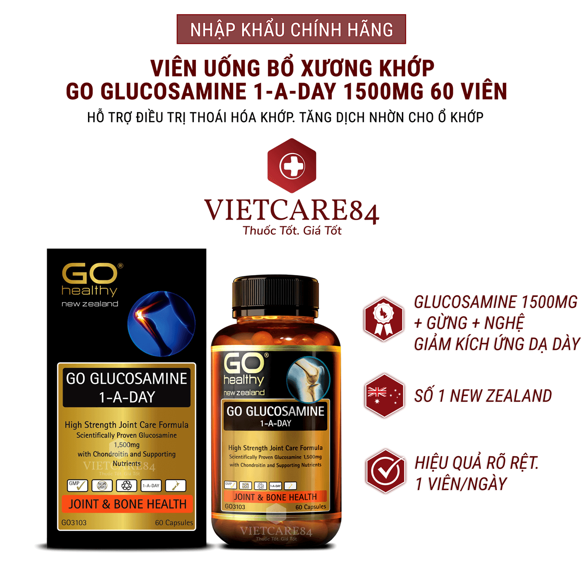 Bộ sản phẩm 2 hộp viên uống glucosamine nhập khẩu chính hãng New Zealand GO GLUCOSAMINE 1-A-DAY 1500mg (30 viên và 60 viên) giúp tăng dịch khớp, giảm thoái hóa khớp, khô khớp, cứng khớp;nuôi dưỡng xương sụn khớp khỏe mạnh