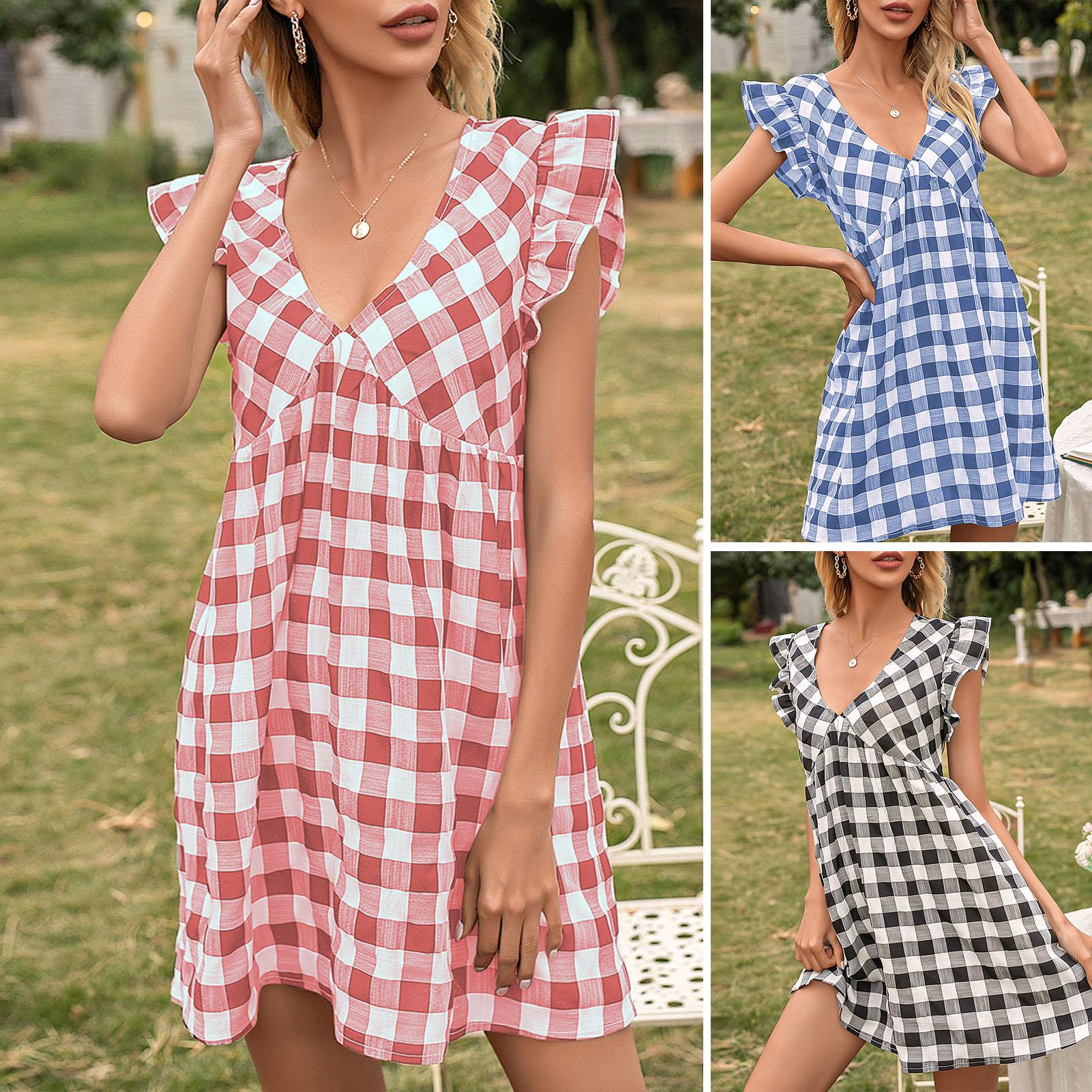 Women Plaid Mini Dress Deep V Neck Ruffles Sleeveless High Waist A-Line Holiday Casual Dress