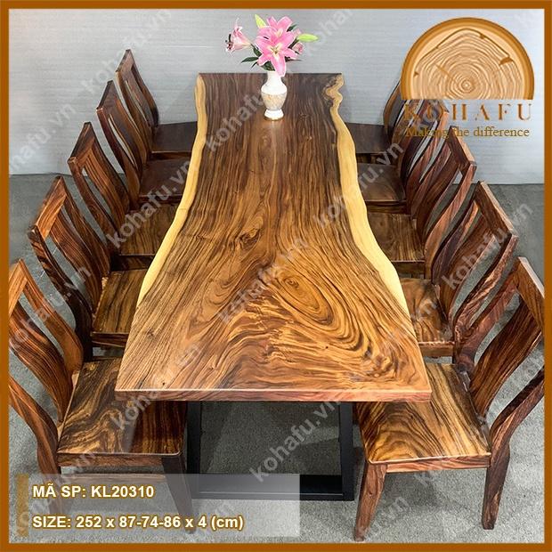 Mặt bàn gỗ me tây nguyên tấm, uốn lượn tự nhiên KL20310 - Dài 252 x Rộng (87-74-86) x Dày 4 (cm)