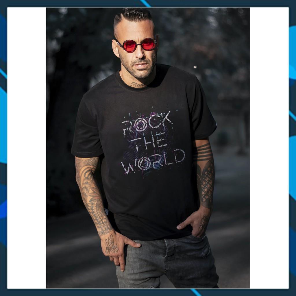 Áo thun Unisex Tay lỡ Form rộng Freesize màu đen in mặt trước ROCK THE WỎRLD