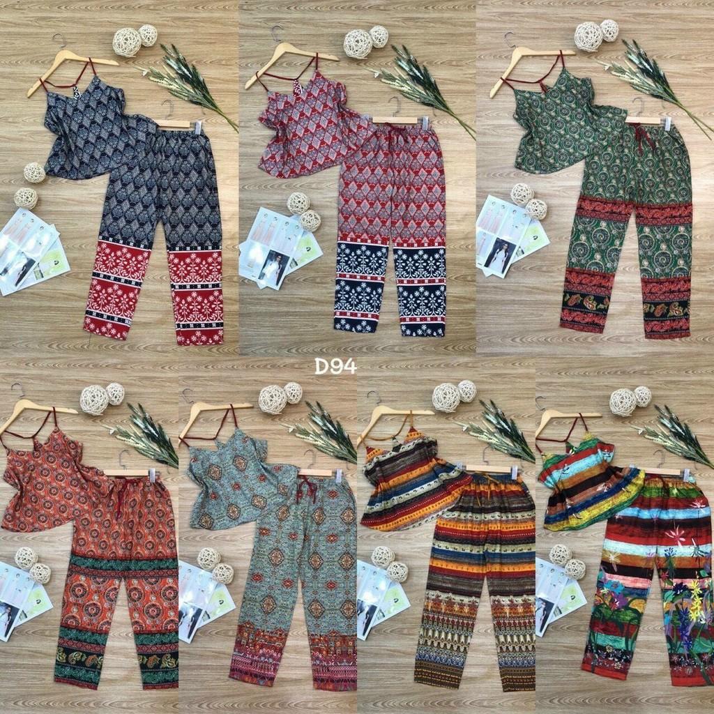 Set Bộ Thổ Cẩm NHIHOUSE71 Áo 2 Dây Cổ V Lưng Yếm Quần Ống Suông Freesize Dưới 55kg