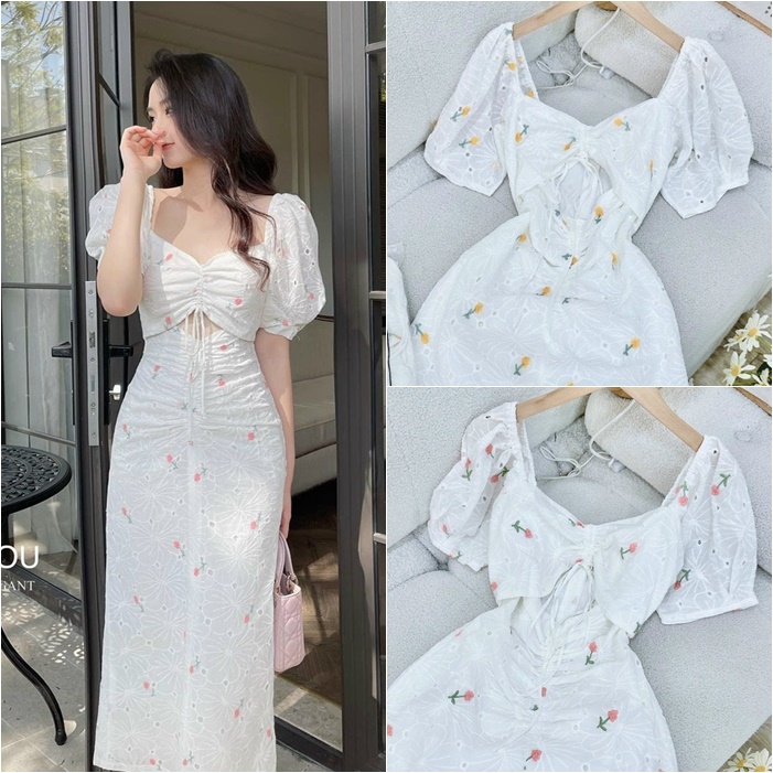 ĐẦN DÀI SUÔNG ÔM BODY CỔ U TRƠN HOA FLORAL DÂY RÚT TAY NGẮN BỒNG MIDI DẠO PHỐ ĐI BIỂN ĐI TIỆC