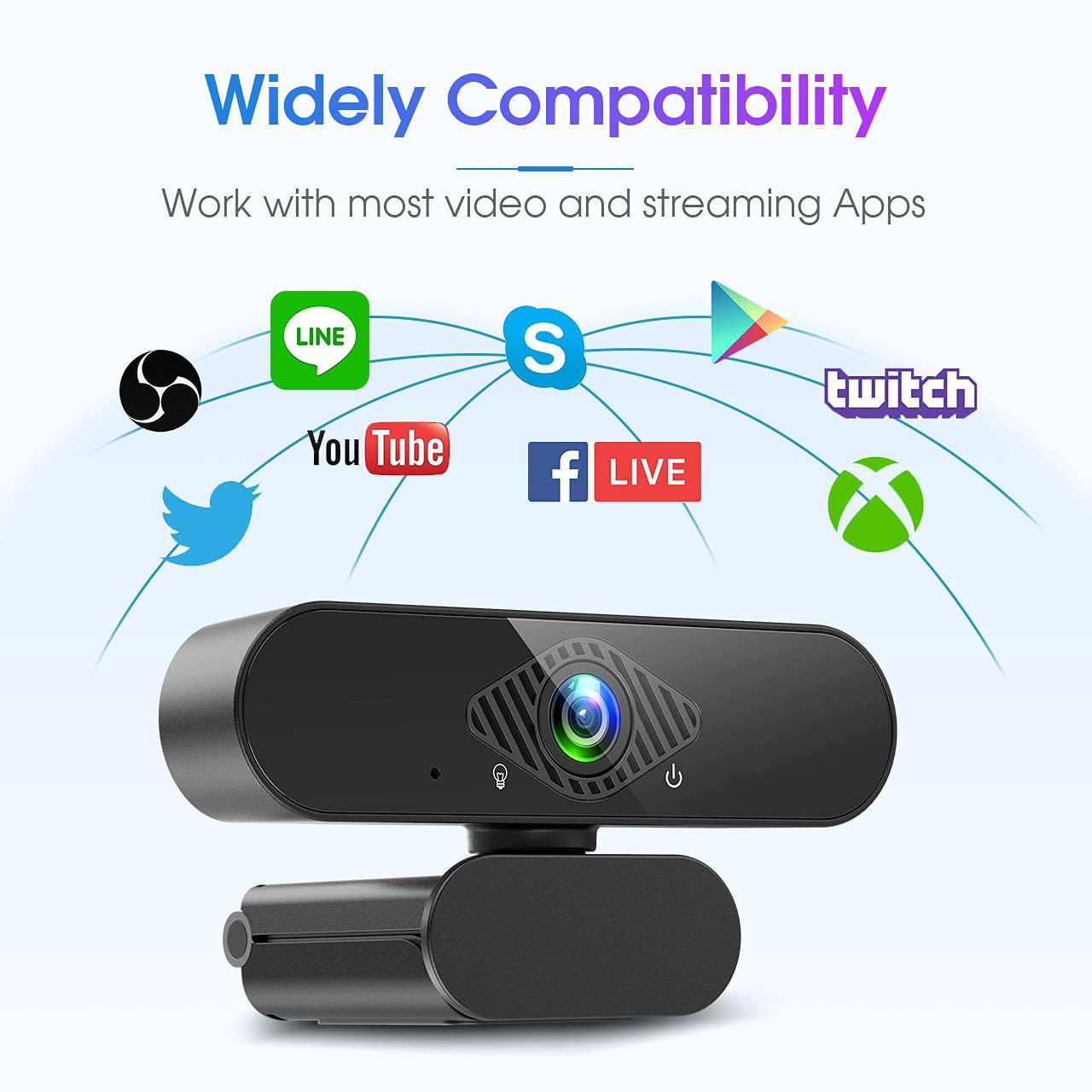 Webcam PC có Mic, Camera web Full HD 1080P với Micrô khử tiếng ồn, Camera PC USB xoay 360° để trò chuyện và ghi video, Tương thích với Windows, Mac và Android