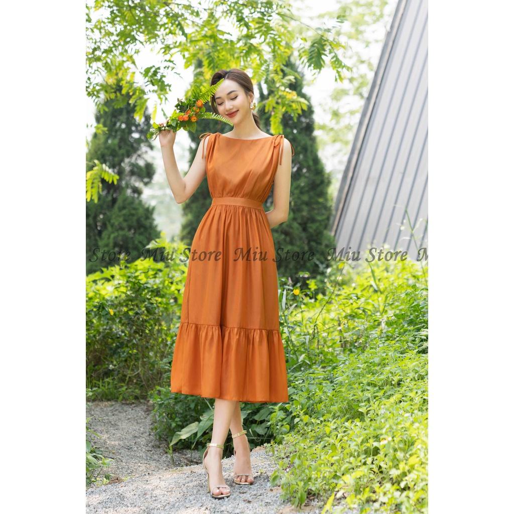 D00357 - Đầm thiết kế maxi cam vai rút dây vải voan màu cam cao cấp Miu Store