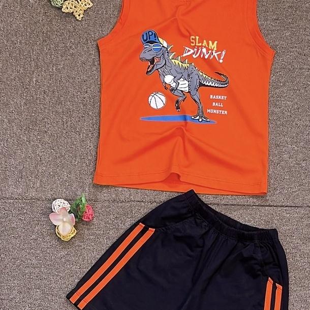 Bộ sát nách bé trai 2-10 tuổi in hình khủng long chữ SLAM, Quần áo hè cho bé vải cotton cao cấp thấm hút mồ hôi