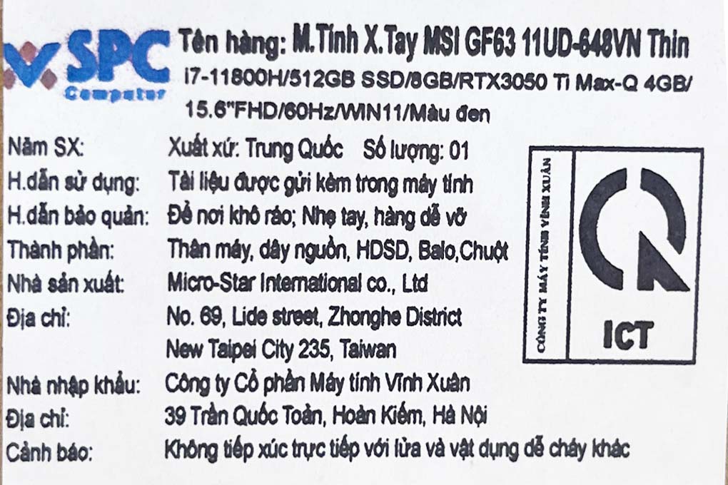 Laptop MSI GF63 Thin 11UD i7 11800H/8GB/512GB/4GB RTX3050Ti Max-Q/15.6&quot;F/Balo/Chuột/Win11/(648VN)/Đen - Hàng chính hãng