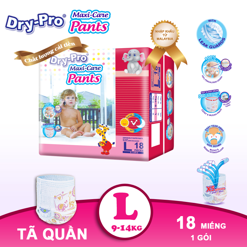 Tã/bỉm quần Dry-Pro siêu thấm hút nhập khẩu Malaysia size L (9kg - 14kg) - Gói 18 miếng