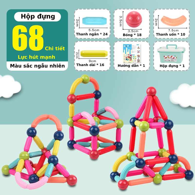 Đồ chơi que từ tính nam châm tròn 67 chi tiết EASYTOYS lắp ráp xếp hình khối xây dựng