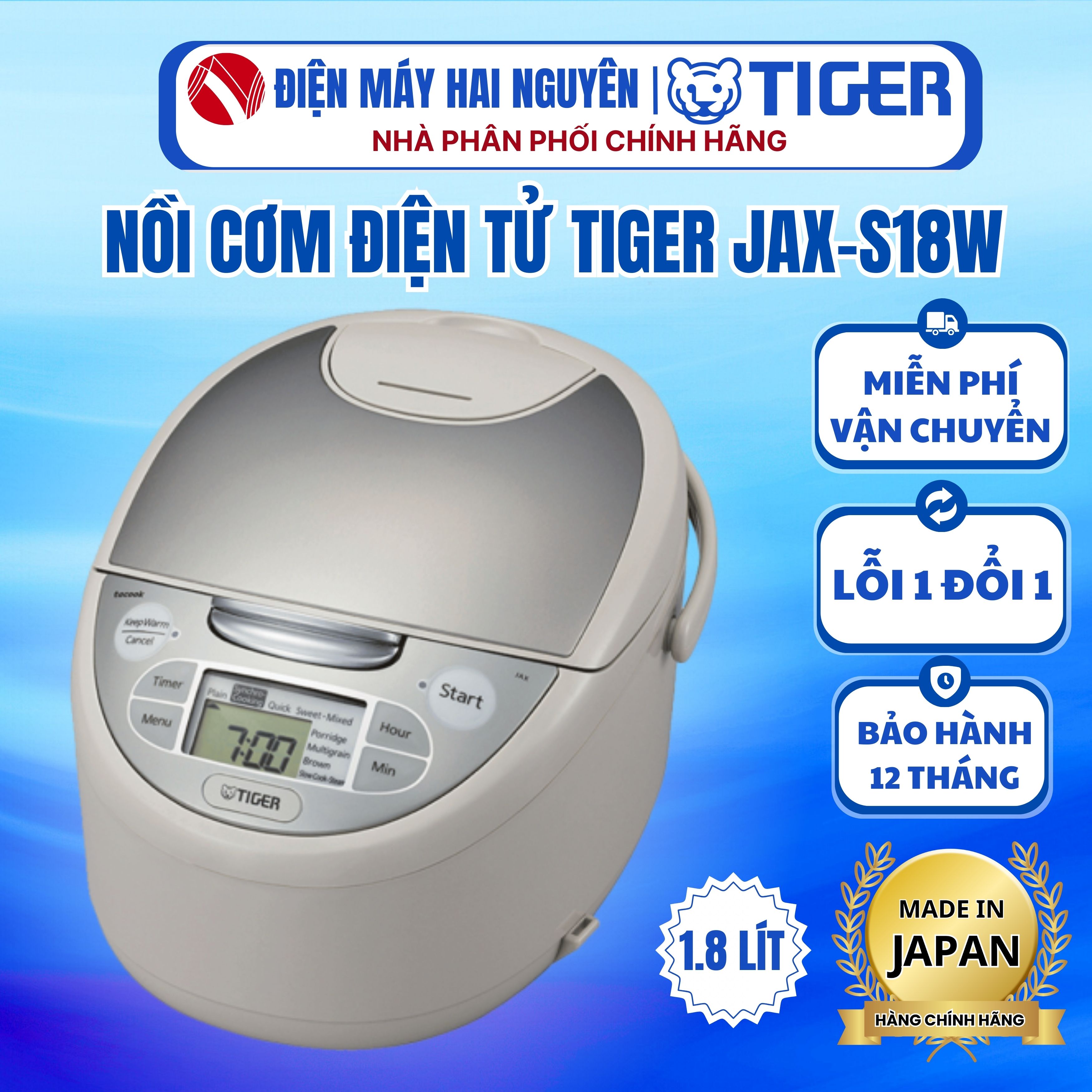 Nồi Cơm Điện Tử Tiger JAX-S18W-HÀNG CHÍNH HÃNG