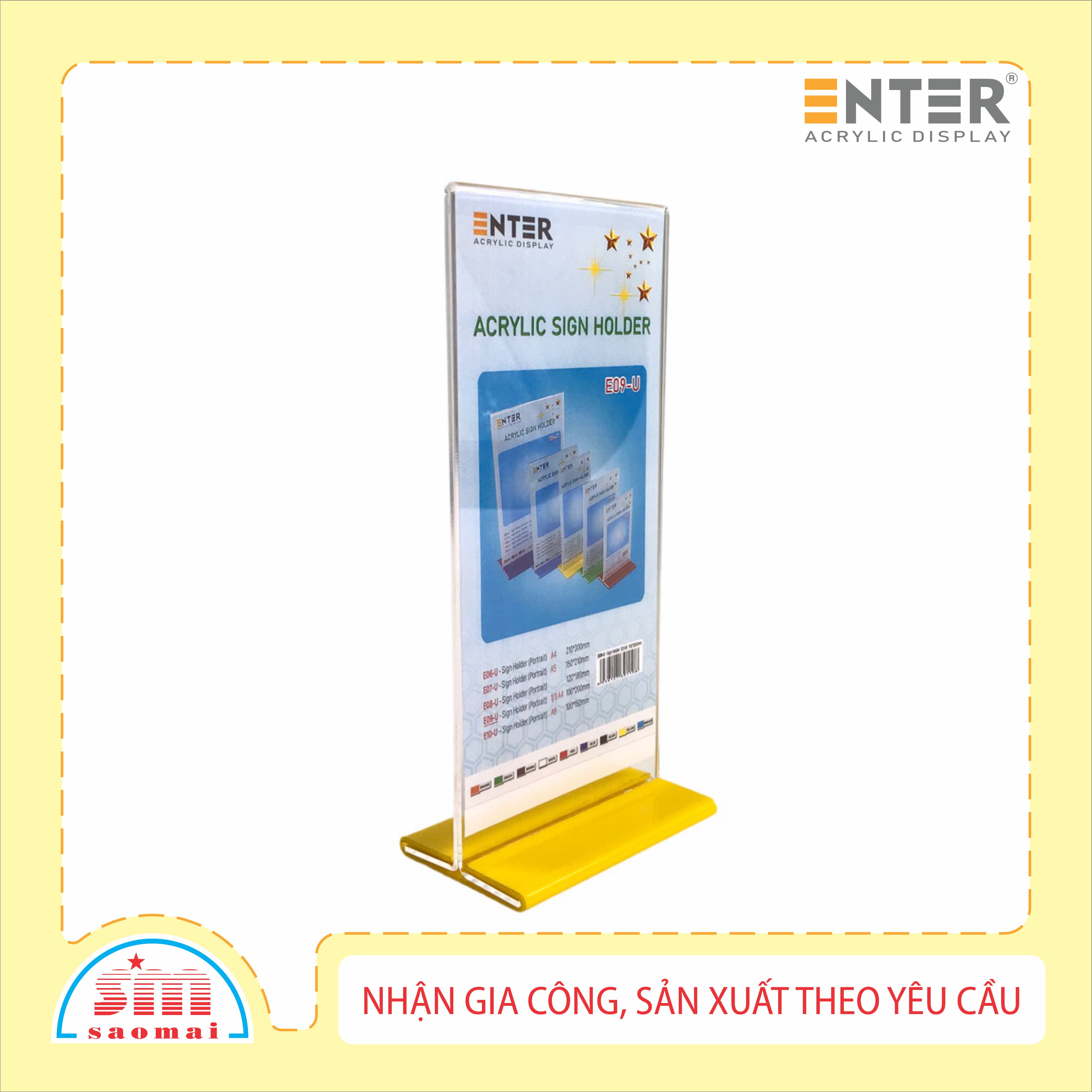 Kệ menu nhà hàng, Standee mica để bàn, Bảng quét mã QR Code, Kệ mica 2 mặt Enter E09-U 100x210mm đế lùa uốn bằng